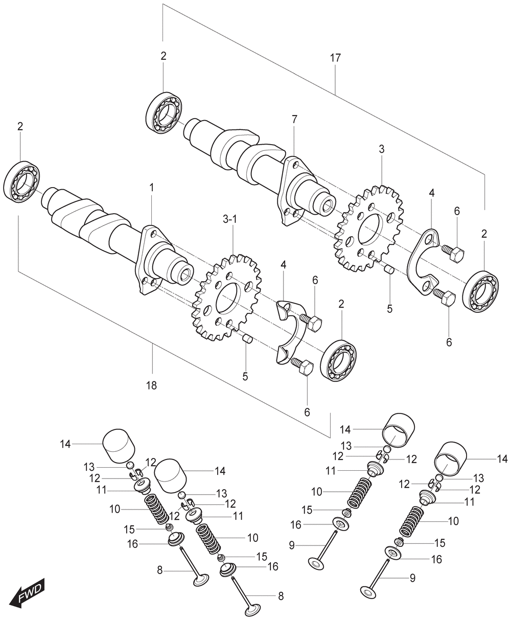 Nockenwellen-Ventiltrieb vorne